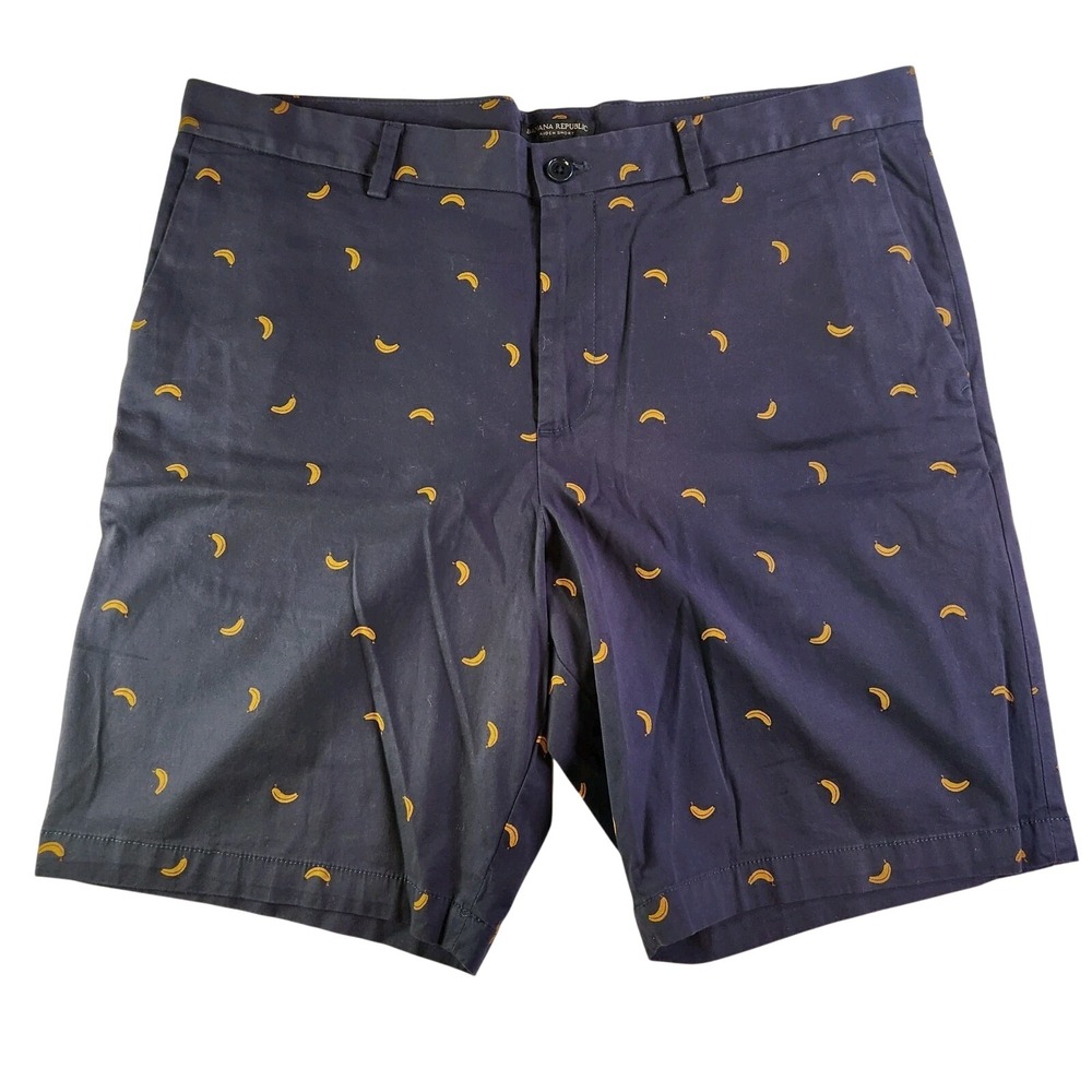 BANANA‎ REPUBLIC Chino Shorts Mens 36 Navy Yellow Banana Print Graphic 9" Inseam